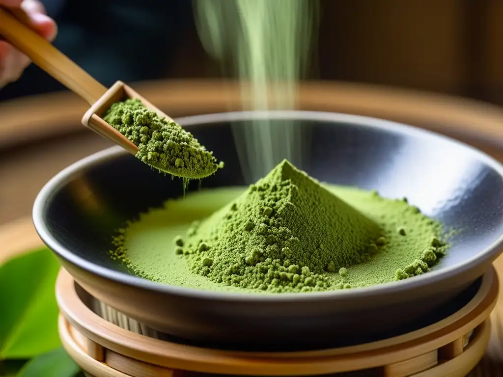 Detalle del tamizado de polvo de té verde matcha en ceremonia, resaltando la historia del té verde matcha