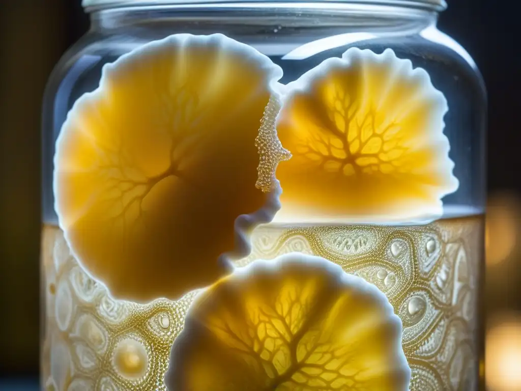 Detalle de un SCOBY flotando en tarro de kombucha casero