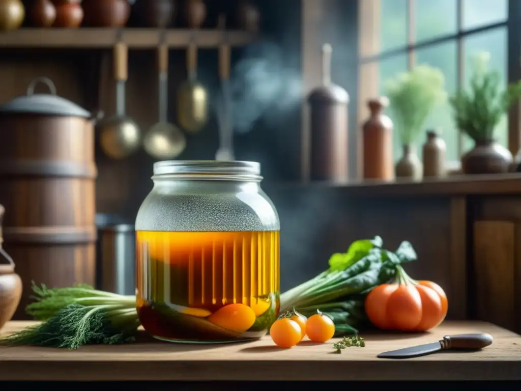 Detalle de tarro con verduras fermentando en cocina histórica