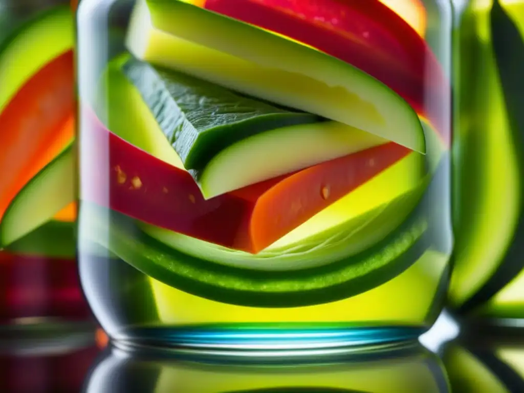 Detalle de tarro de vidrio con conserva de vegetales coloridos, resaltando la belleza de la conserva en la cocina americana