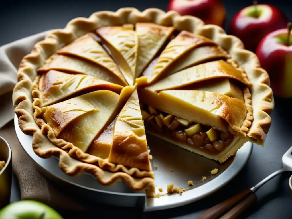 Detalle de una tarta de manzana recién horneada, mostrando el crujiente dorado y el relleno de manzana con canela