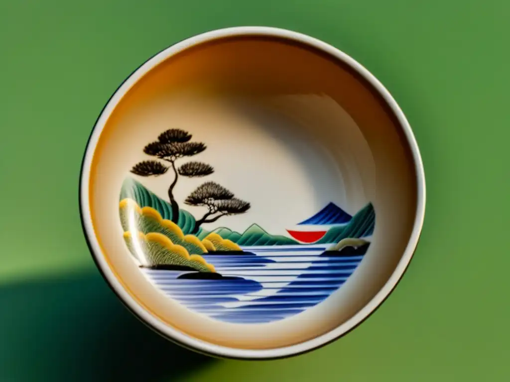 Detalle de una taza de cerámica japonesa tradicional, con diseños minimalistas en tonos tierra