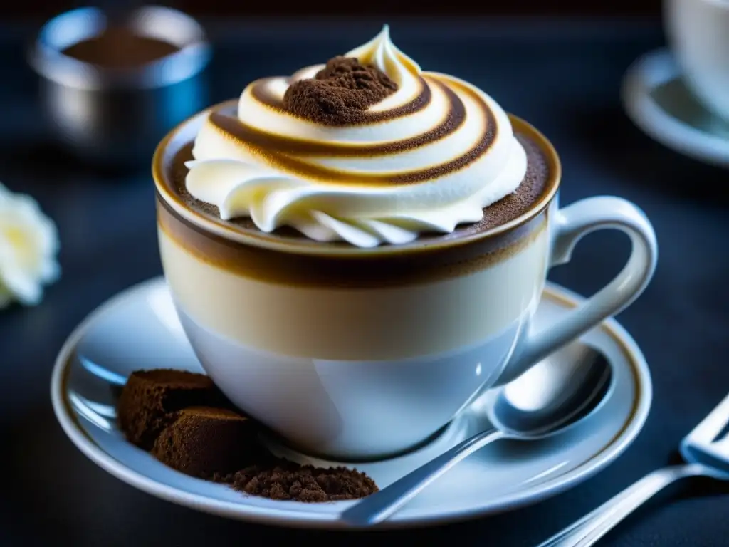 Detalle de una taza de café vienés con crema, cacao y un grano de café, reflejando la historia del café vienés