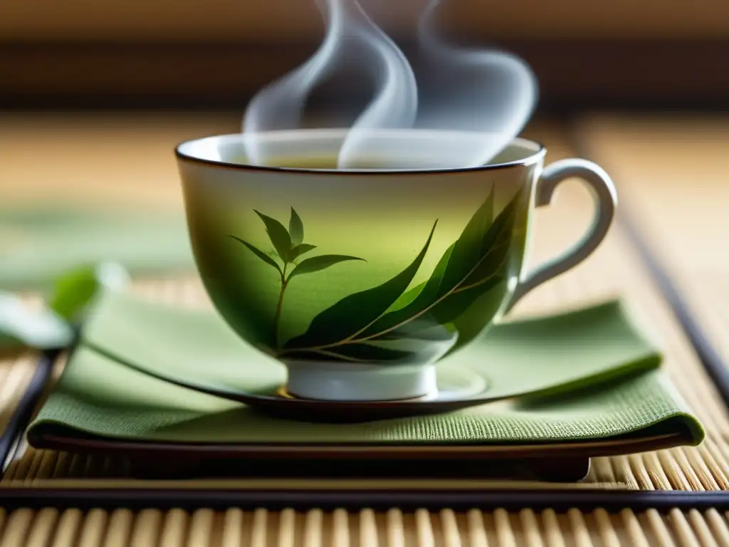 Detalle de una taza de té de porcelana con hojas de té flotando en una ceremonia del té en historia