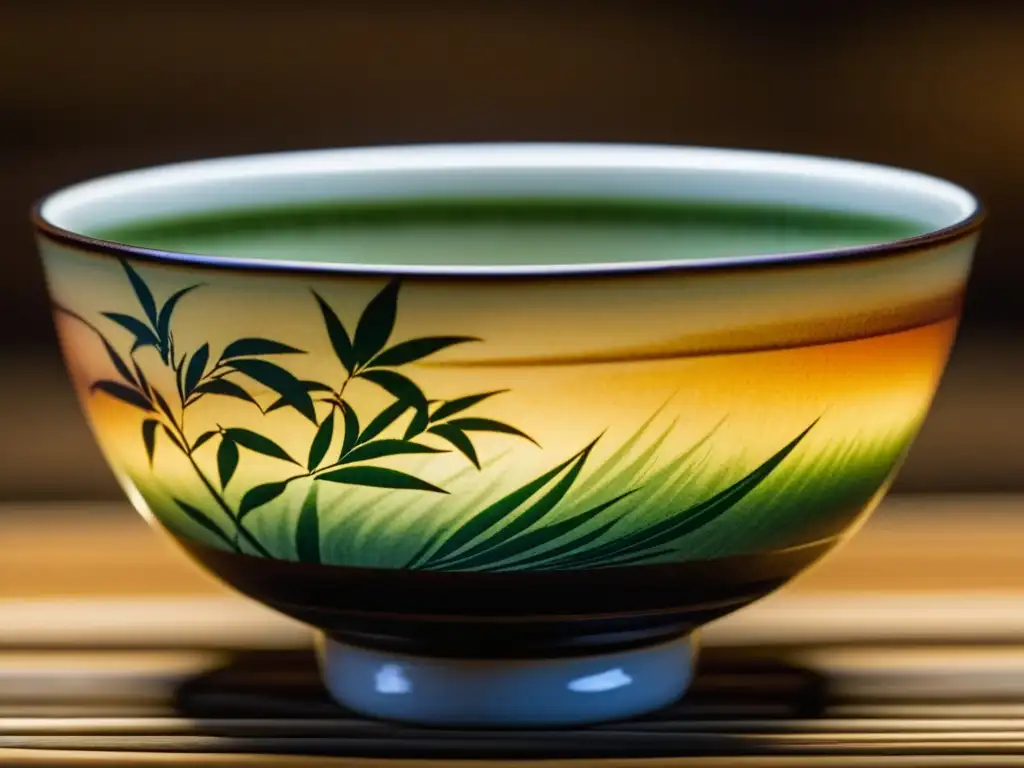 Detalle de taza de té antigua de la era Kamakura, con diseños intrincados y colores vibrantes de patrones tradicionales