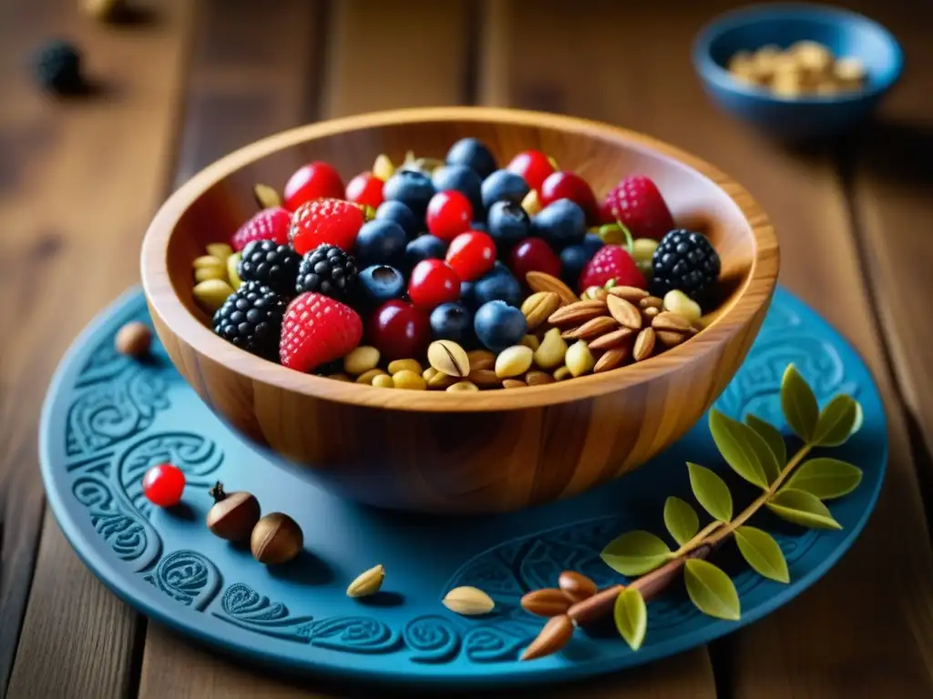 Detalle de un tazón de madera con bayas, nueces y granos rodeado de símbolos nórdicos en una mesa