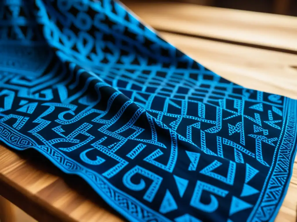 Detalles vibrantes: Textil Adinkra africano en indigo Detalle de tela Adinkra africana con influencia africana en cocina americana
