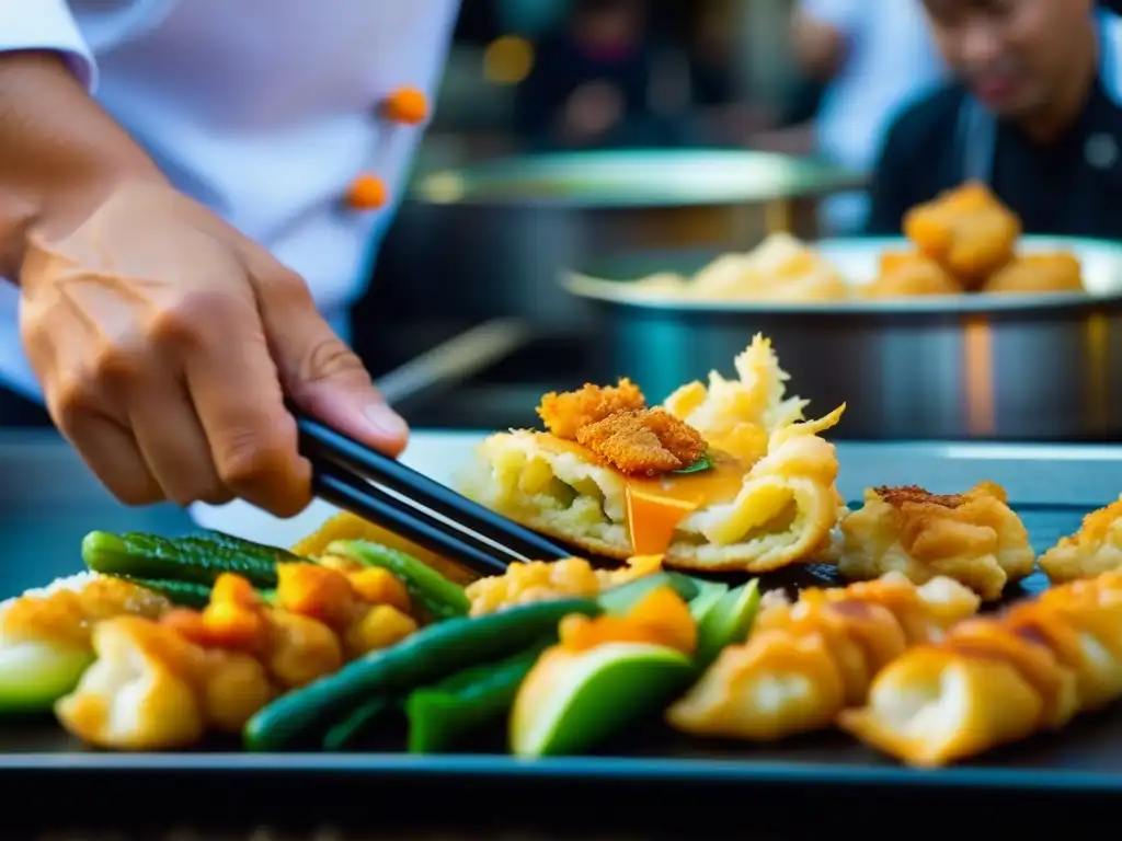 Detalle de tempura japonés en puesto callejero: influencia cultural de Portugal en festividades japonesas