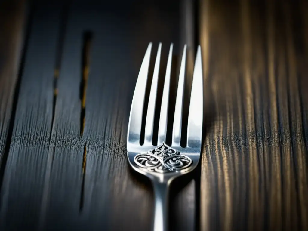 Detalle de un tenedor medieval de plata en una mesa de madera oscura, mostrando la artesanía y elegancia de la cubertería de la época