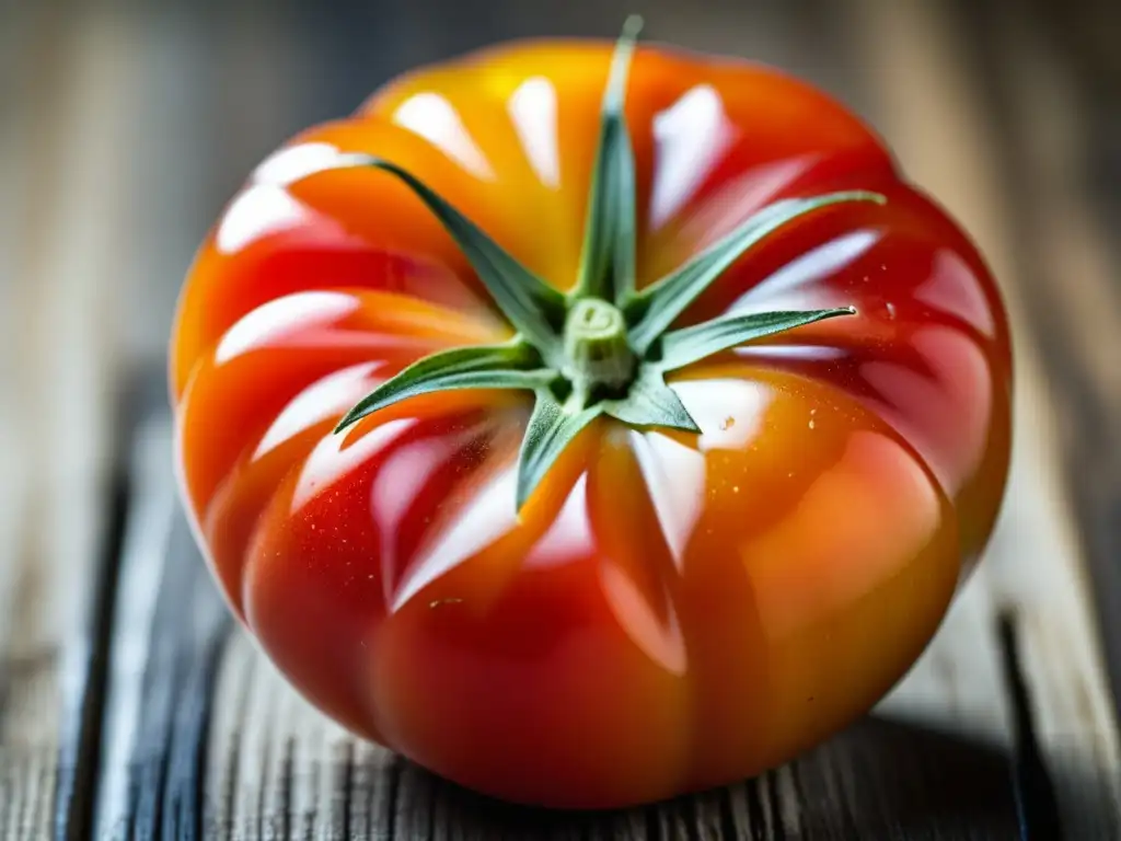 Detalle de un tomate orgánico recién cosechado sobre tabla de madera, iluminado por luz natural