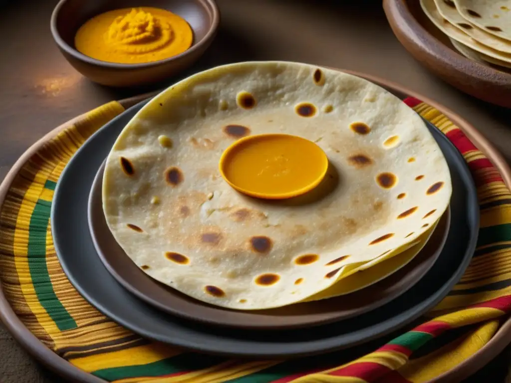 Detalle de una tortilla Maya recién cocida con maíz, en un entorno tradicional