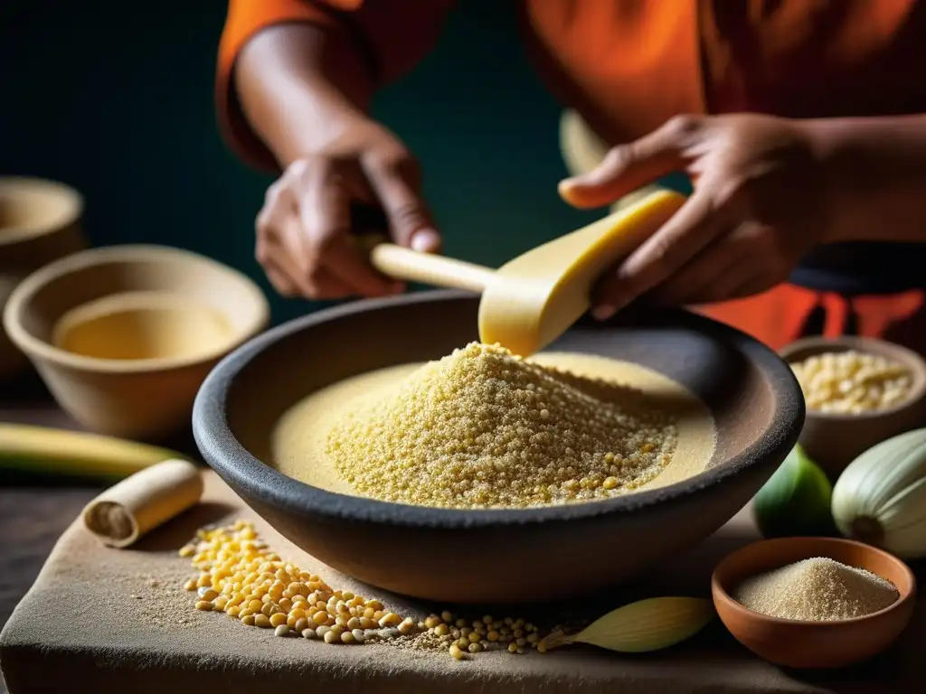 Detalle de la elaboración tradicional de atole en molcajete y mano, resaltando el origen y receta tradicional atole