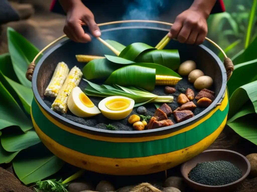 Detalle de una tradicional Pachamanca peruana con carne, papas, maíz y hierbas, cocida en un hoyo con piedras calientes