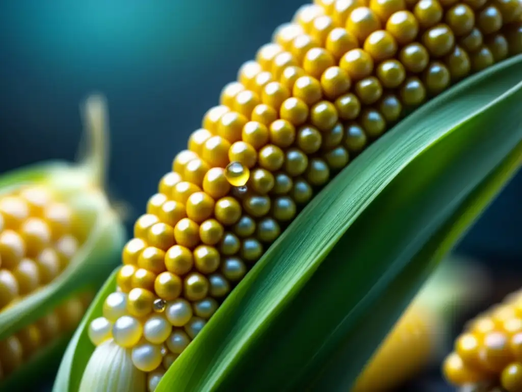 Detalle del maíz transgénico dorado en cocina latinoamericana, brillando bajo el sol