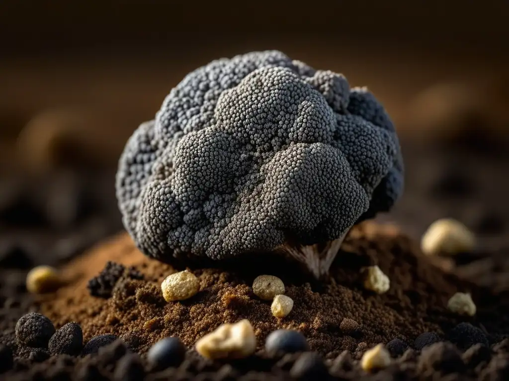 Detalle de una trufa negra recién cosechada sobre tierra, destacando su textura y colores terrosos