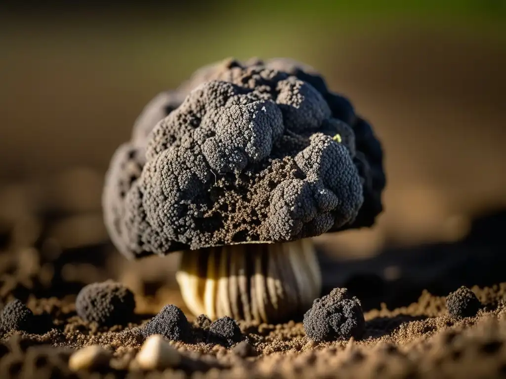 Detalle de una trufa negra recién cosechada en la tierra, evocando la esencia de la caza de trufas en la literatura gastronómica