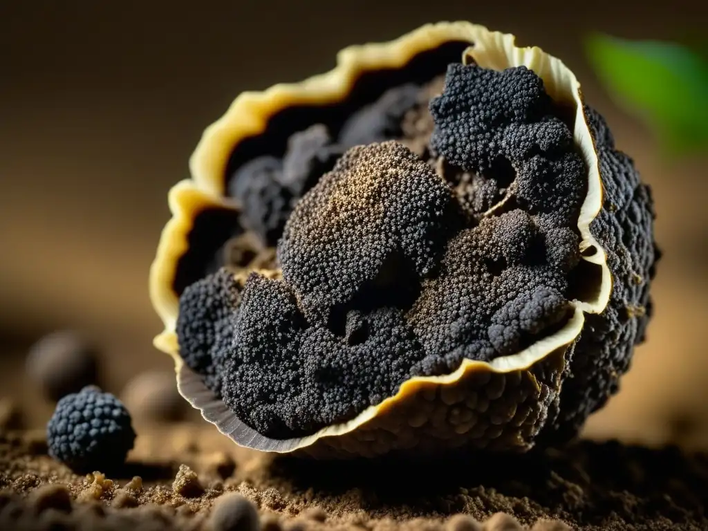 Detalle de una trufa negra recién desenterrada en un huerto español, resaltando la textura y aroma terroso