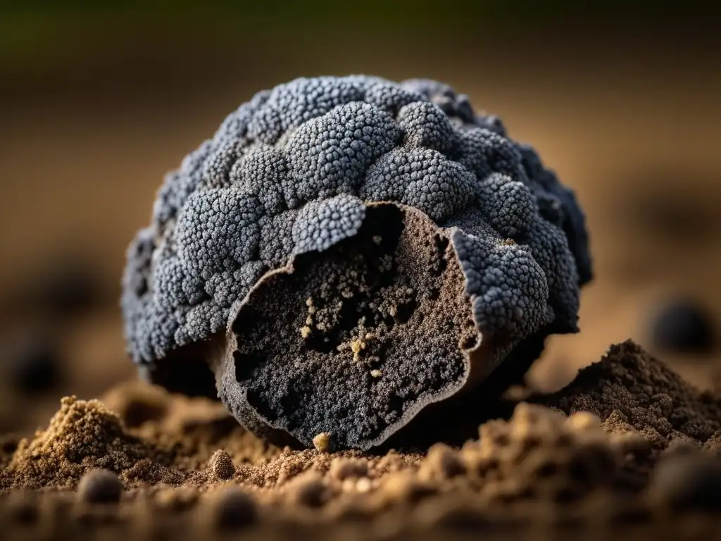 Detalle de una trufa negra recién desenterrada sobre tierra, mostrando su textura y aroma