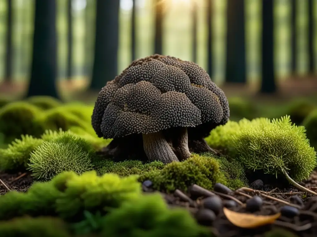 Detalle de una trufa negra recién recolectada en un bosque, resaltando sus texturas y tonos terrosos