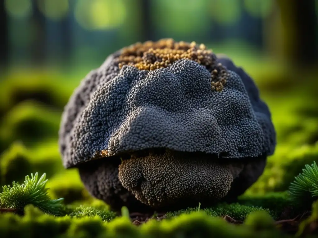 Detalle de trufa negra sobre musgo en bosque sombrío, resaltando sus características únicas