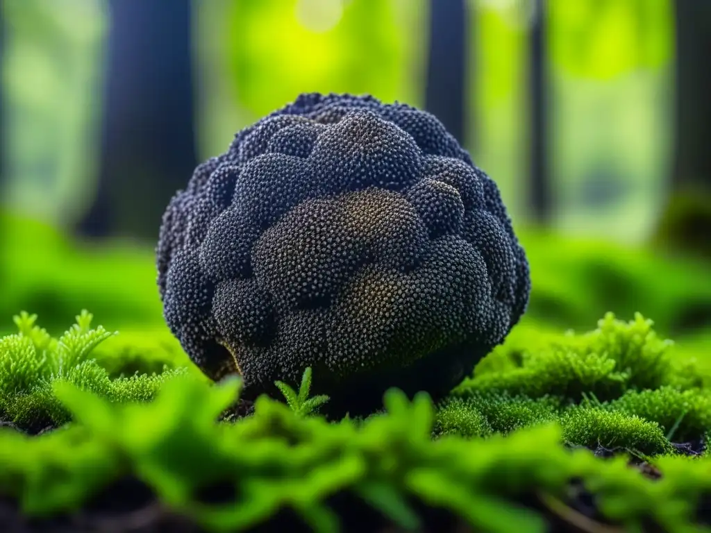 Detalle de trufa negra en musgo verde en bosque sombrío, evocando misterio y lujo