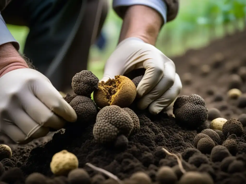 Detalle de una trufa siendo cosechada en una plantación sostenible, mostrando la conexión entre la naturaleza y la delicadeza