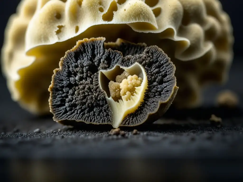 Detalle en alta definición de trufa blanca sobre trufas negras, destacando elegancia y contraste