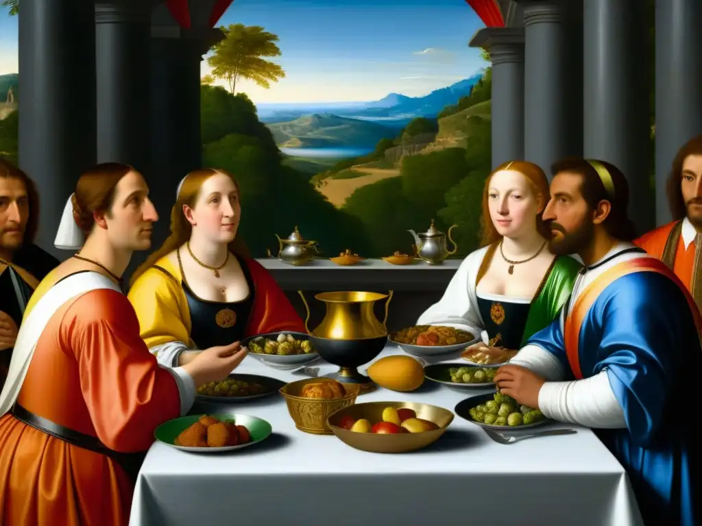 Detalle ultradetallado de 'El banquete de los dioses' de Bellini y Tiziano, reflejando la opulencia de las comidas festivas arte renacentista