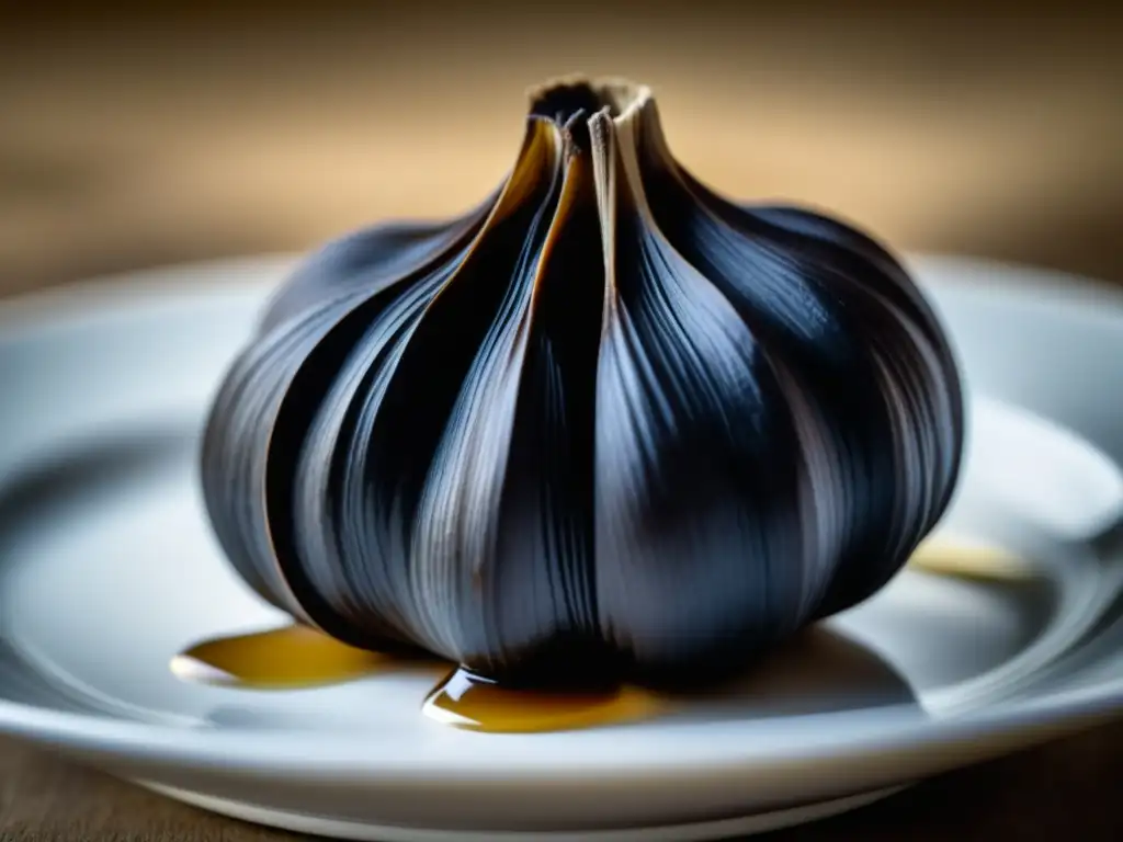 Un detalle ultradetallado de un diente de ajo negro fermentado en un plato blanco impecable