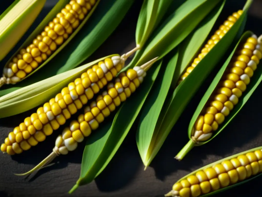 Detalle ultradetallado de granos de maíz mesoamericano, reflejando la herencia culinaria del maíz en Mesoamérica