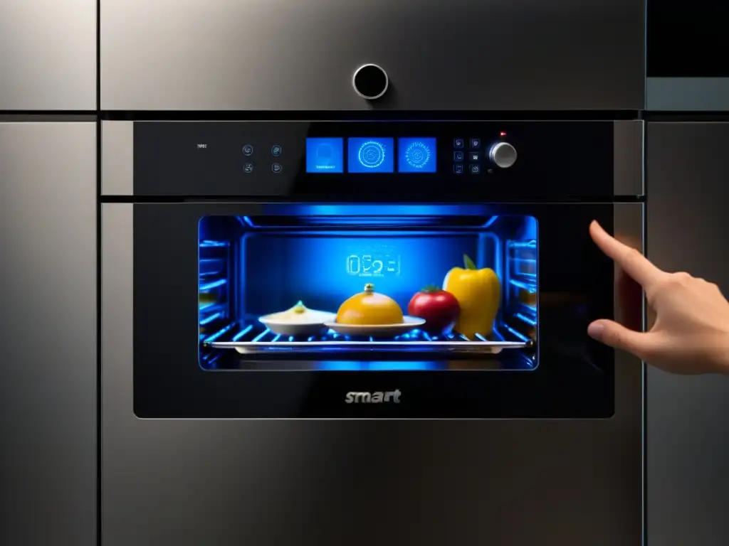 Detalles futuristas de horno inteligente en acción Detalle ultradetallado de un horno inteligente con pantalla digital mostrando ajustes de cocina