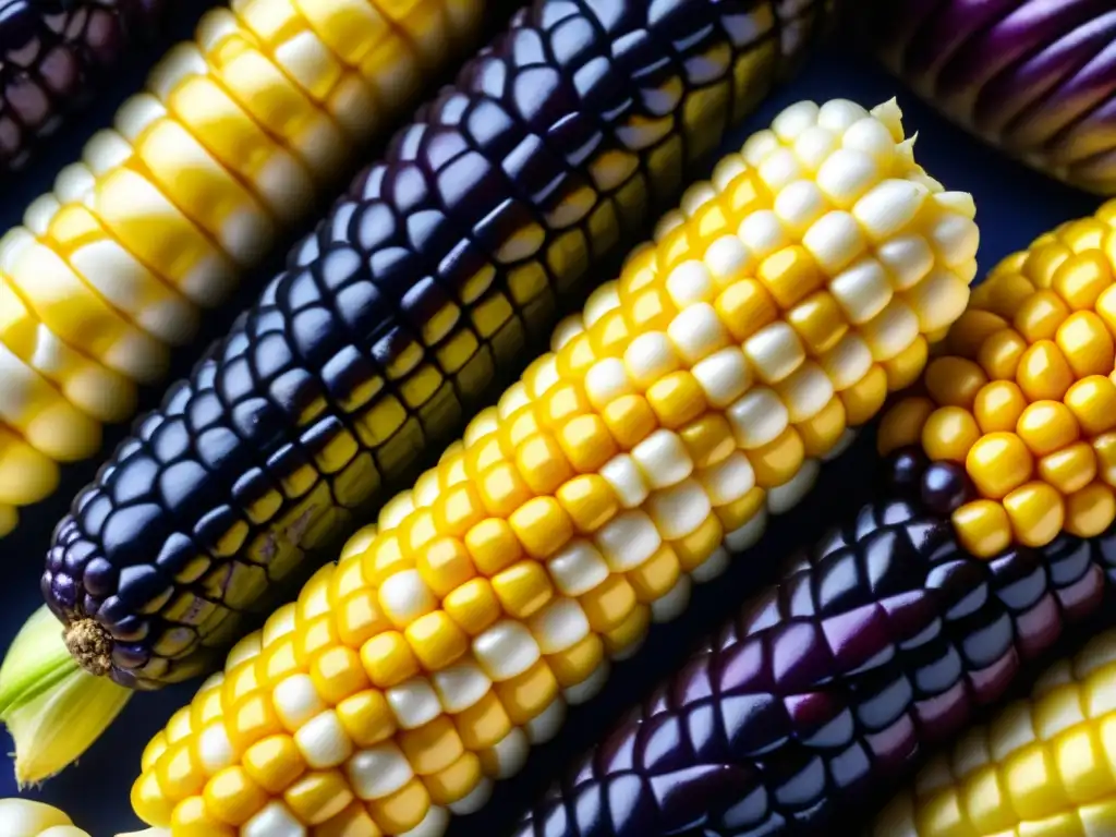 Detalle ultradetallado de mazorcas de maíz amarillo, morado y blanco, simbolizando la rica diversidad y el significado del maíz latinoamericano