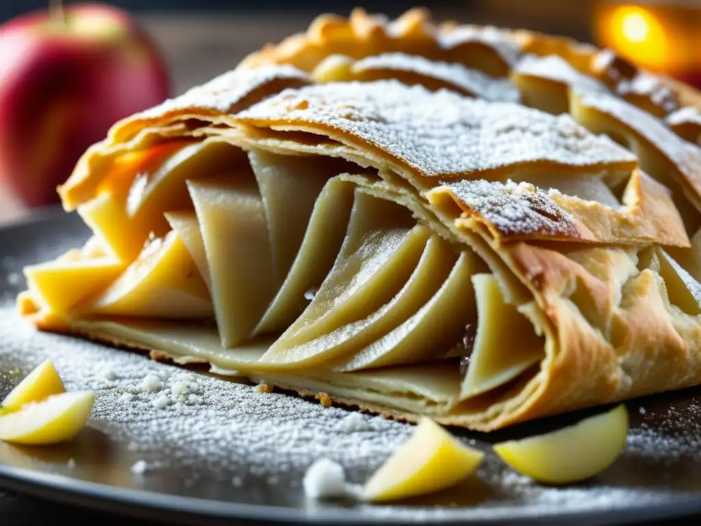 Detalle ultrarrealista de un strudel de manzana recién horneado, con capas doradas, manzanas caramelizadas y aroma a historia del strudel de manzana