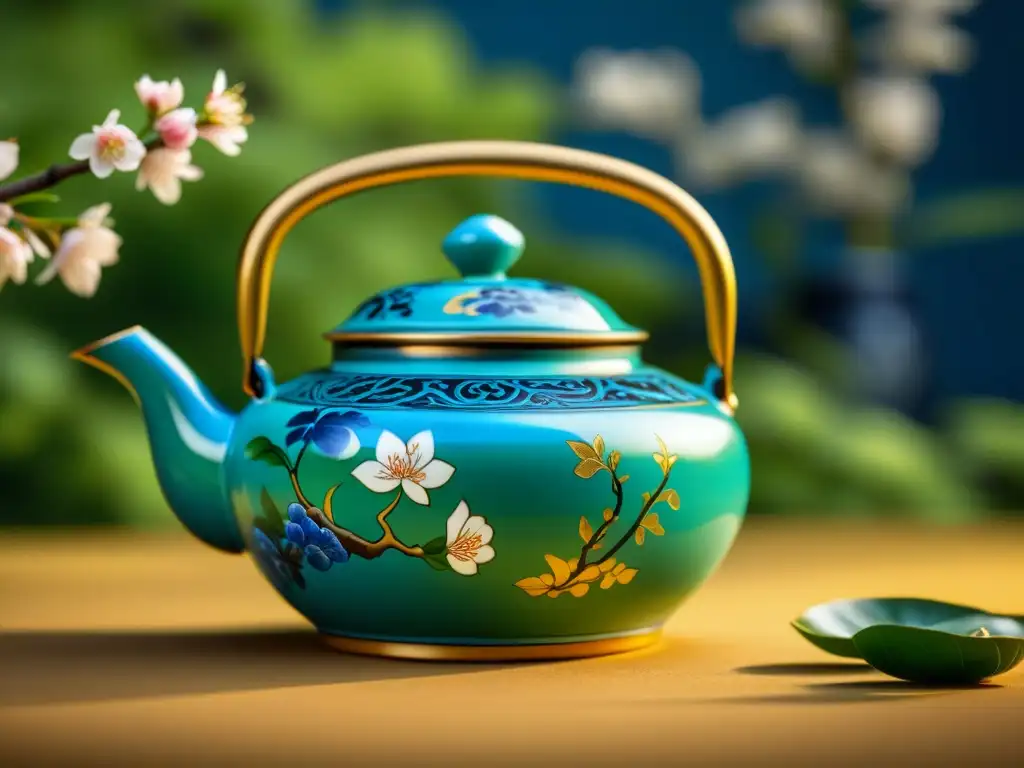 Un detalle único de una antigua tetera china decorada a mano, rodeada de ramas de cerezo en flor