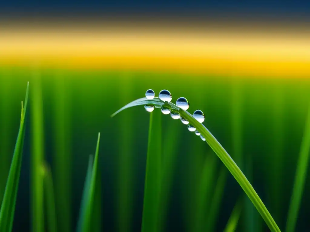 Detalle único de un grano de arroz con gotas de agua, reflejando la esencia del cultivo de arroz en América