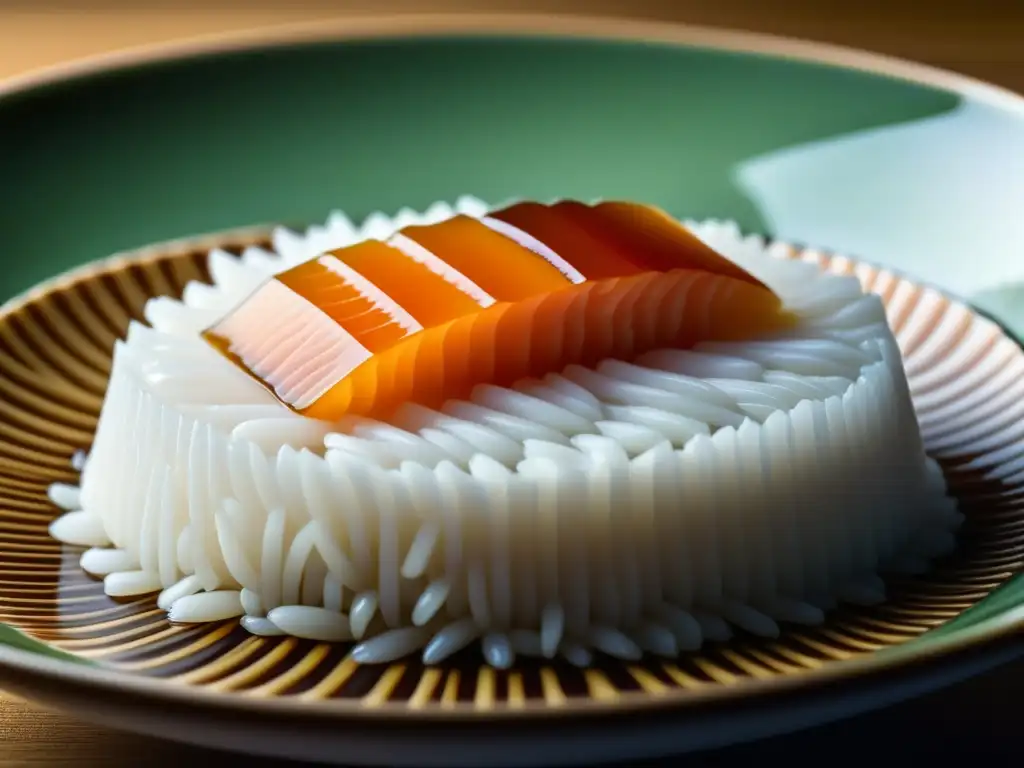 Detalle único del grano de arroz japonés en plato cerámico, resaltando su importancia cultural y la historia de la cocina japonesa