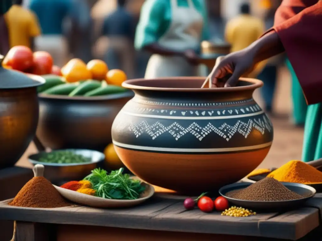 Detalle único de una olla tradicional africana en mercado al aire libre