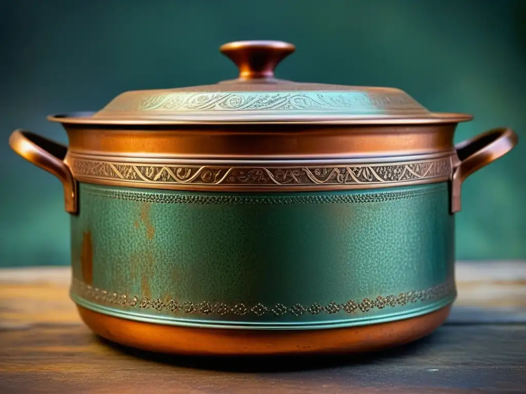 Detalle del uso del cobre en gastronomía histórica: una olla vintage con pátina, rica en historia culinaria