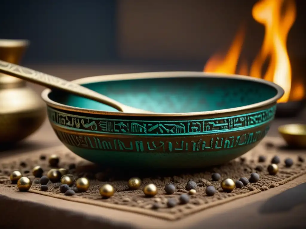 Detalle del utensilio de cocina egipcio de bronce con grabados de jeroglíficos y diseños ornamentales, restos de comida carbonizada