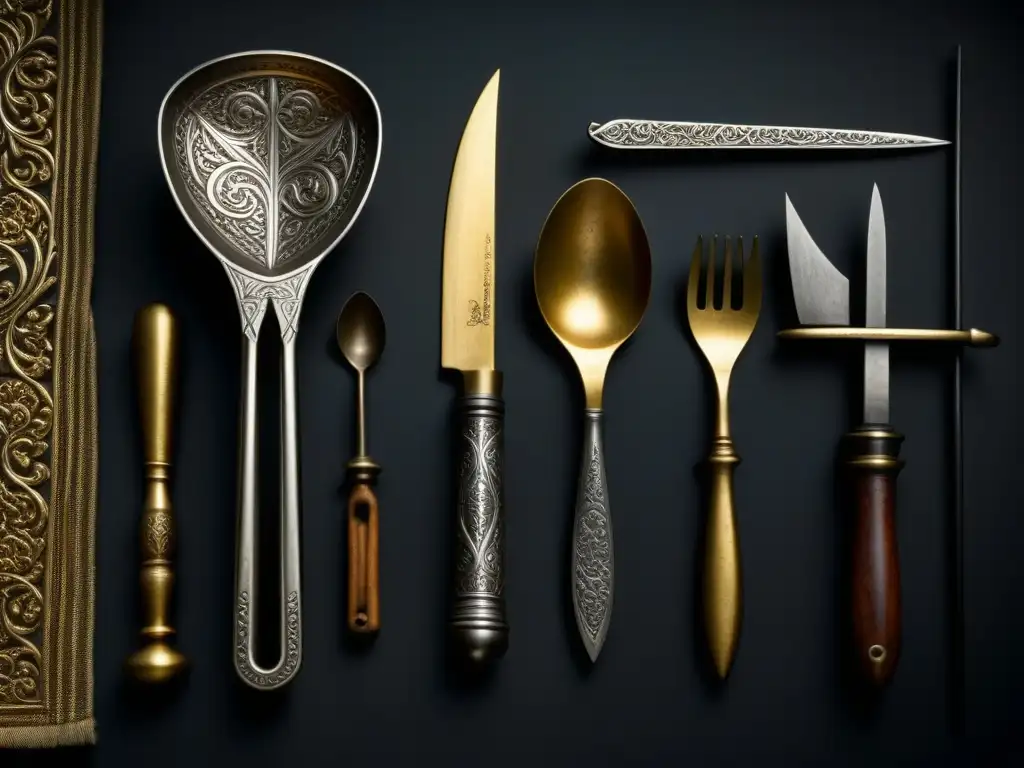 Detalle de utensilio de cocina medieval con grabados intrincados y texturas envejecidas, resaltando la evolución de gadgets culinarios en la historia