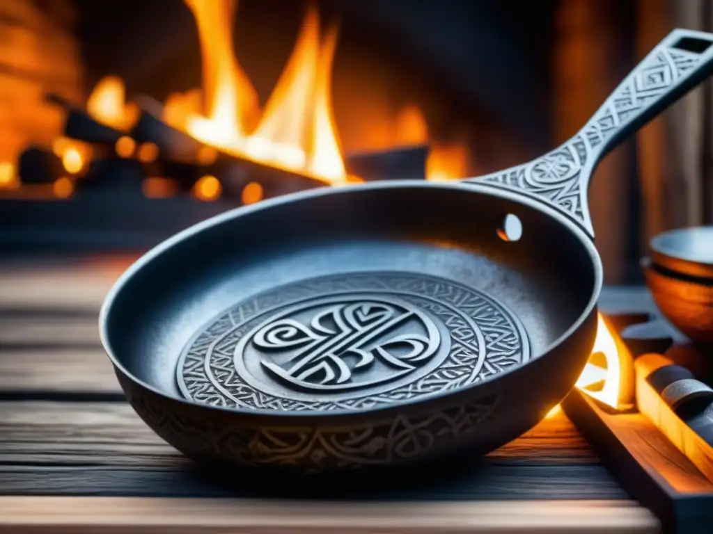 Utensilio de cocina vikingo forjado a mano con patrones nórdicos Detalle de utensilio de cocina vikingo forjado a mano con resistencia nórdica, entre herramientas de madera iluminadas por el fuego