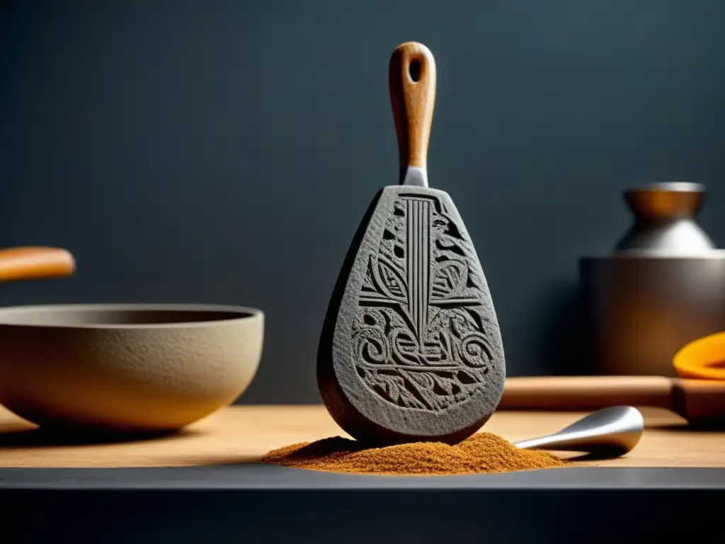 Detalle de utensilio prehistórico para cocinar con grabados y desgaste, junto a utensilio moderno, historia utensilios cocina evolución cultural