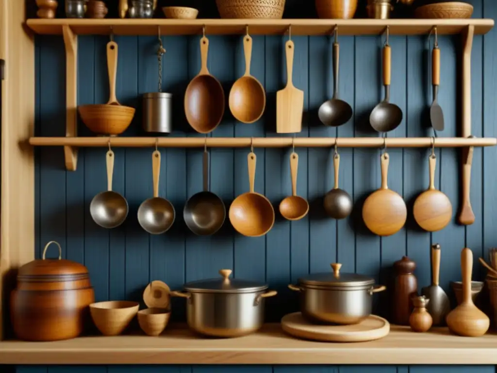 Detalle de utensilios de cocina en una cocina tradicional escandinava, mostrando la evolución de los utensilios a lo largo del tiempo