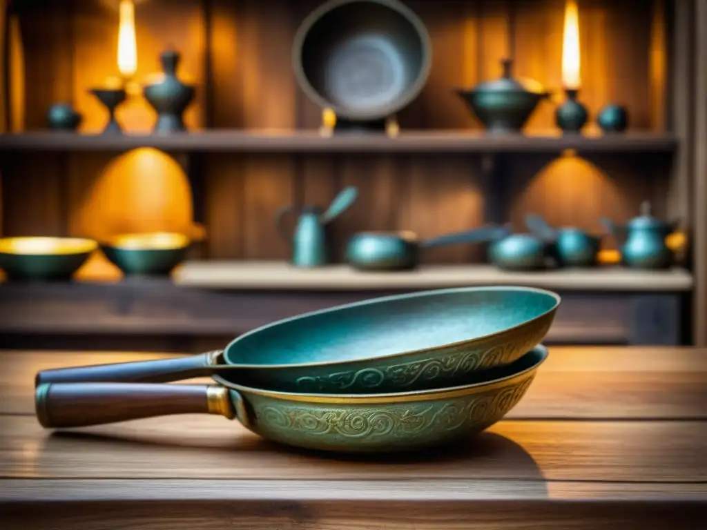 Detalle de utensilios de cocina romanos en bronce antiguo sobre mesa de madera, iluminados por luz cálida