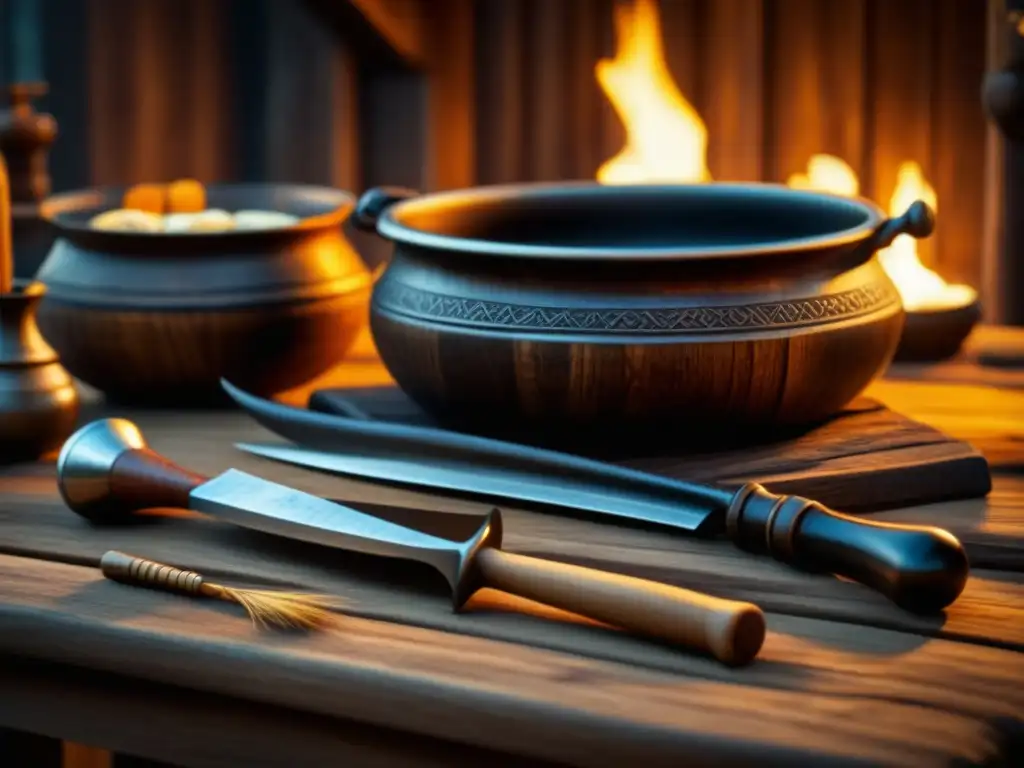 Detalle de utensilios vikingos en mesa de madera, evocando recetas históricas vikingas Europa