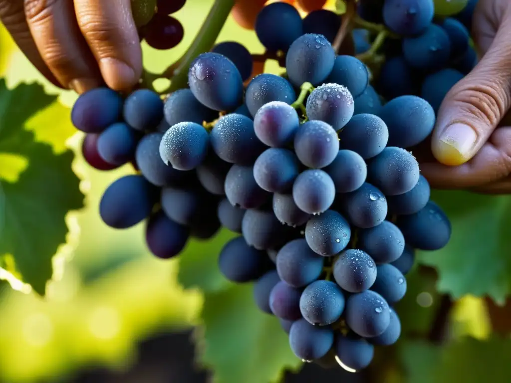 Detalle de uvas orgánicas cosechadas a mano al amanecer, con rocío y texturas