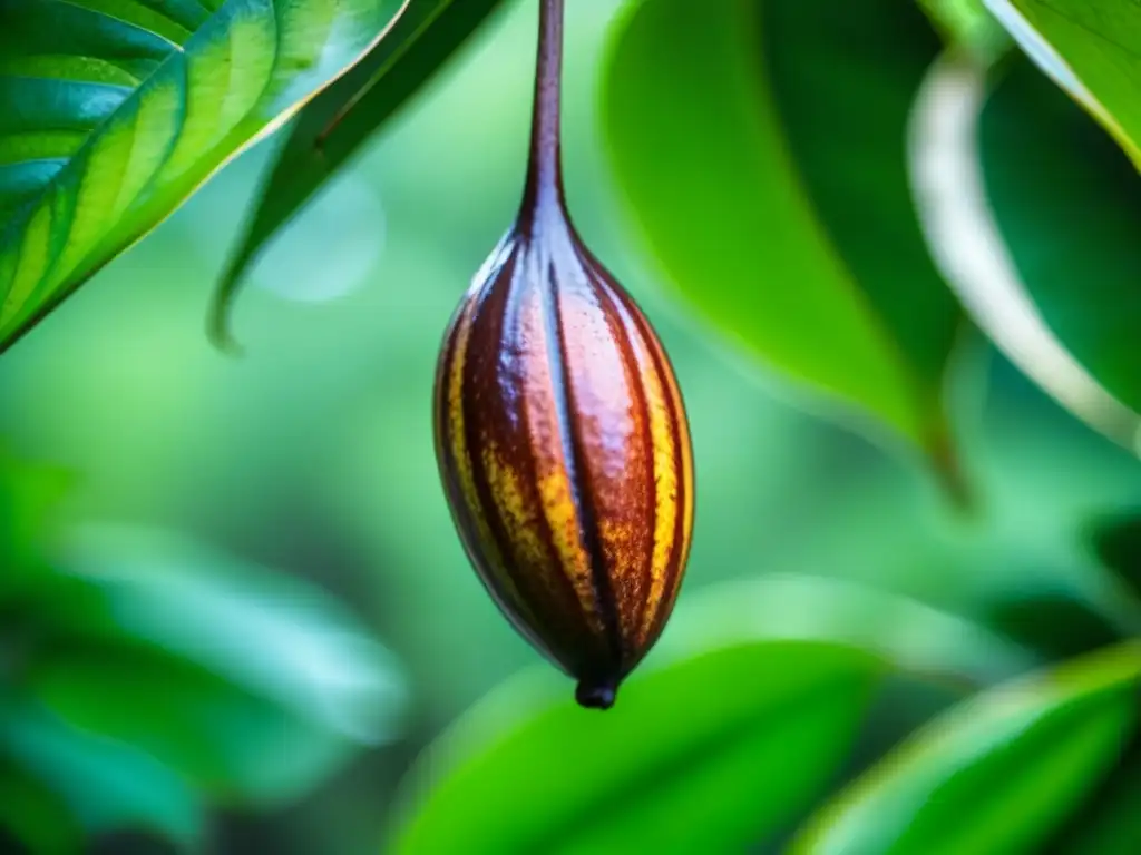 Detalle de una vaina de cacao en la exuberante selva amazónica