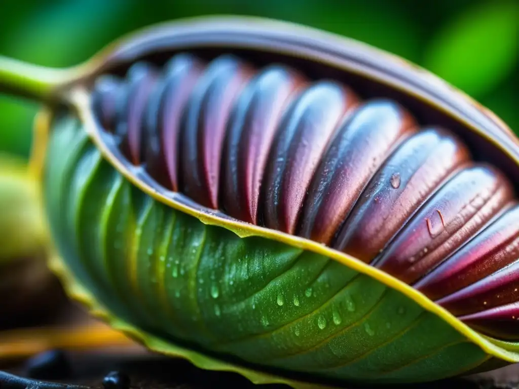 Detalle de una vaina madura de cacao recién cosechada, con colores vibrantes y texturas intrincadas