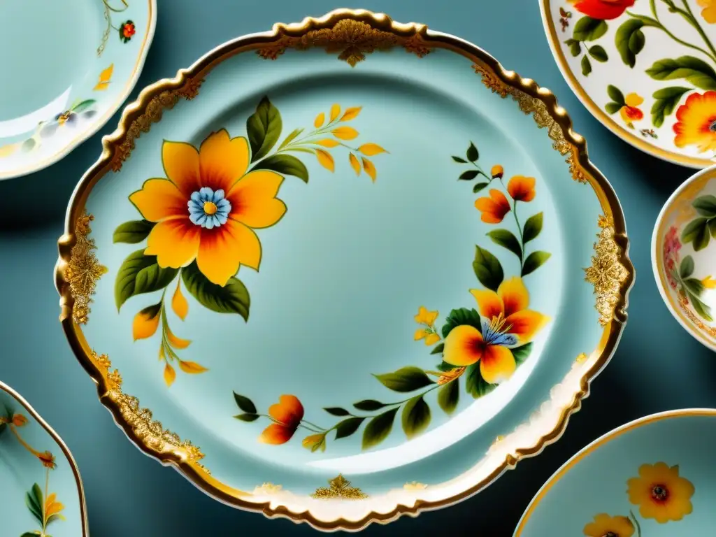 Detalle de vajilla barroco francés historia: exquisitos patrones florales pintados a mano resaltan en porcelana delicada