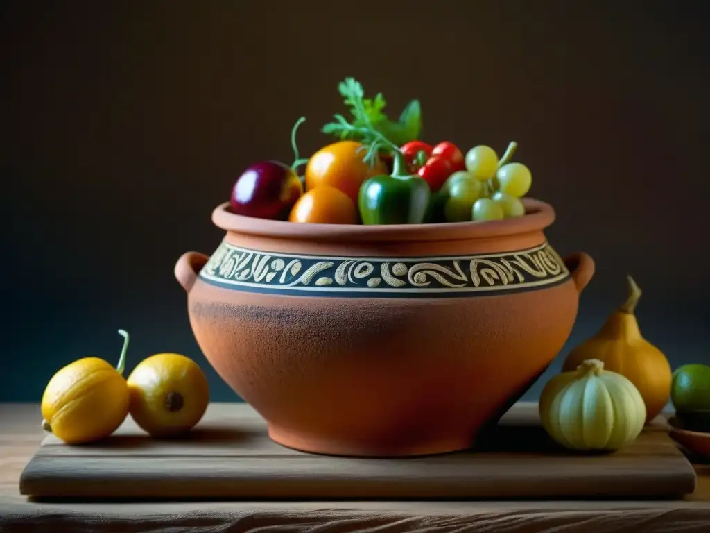 Detalle de una vasija de barro con frutas y verduras conservadas, evocando recetas históricas de conservación antigua